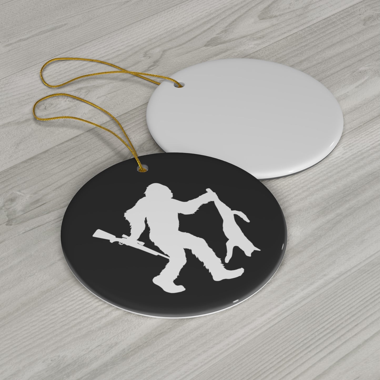 Bigfoot Coyote Hunter Ceramic Christmas Ornament