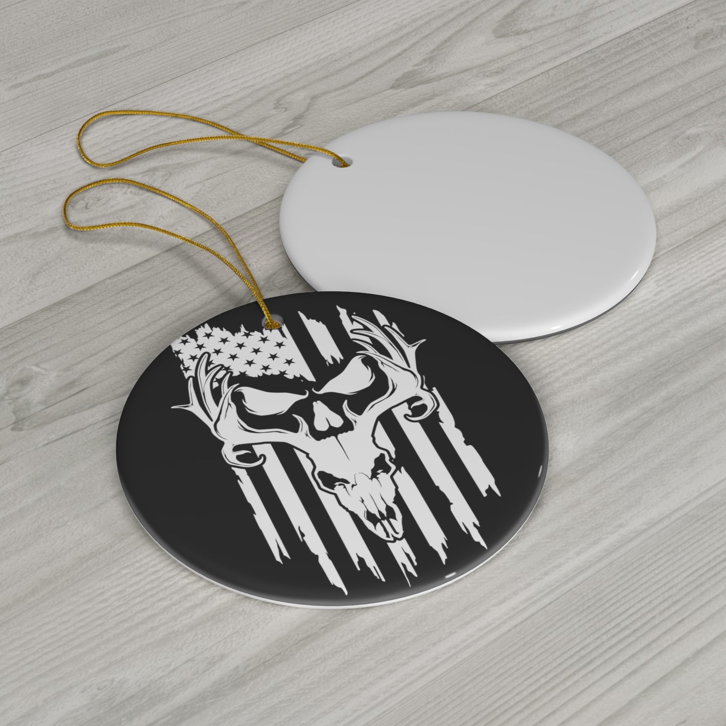 Deer Skull Ameerican Flag Ceramic Christmas Ornament