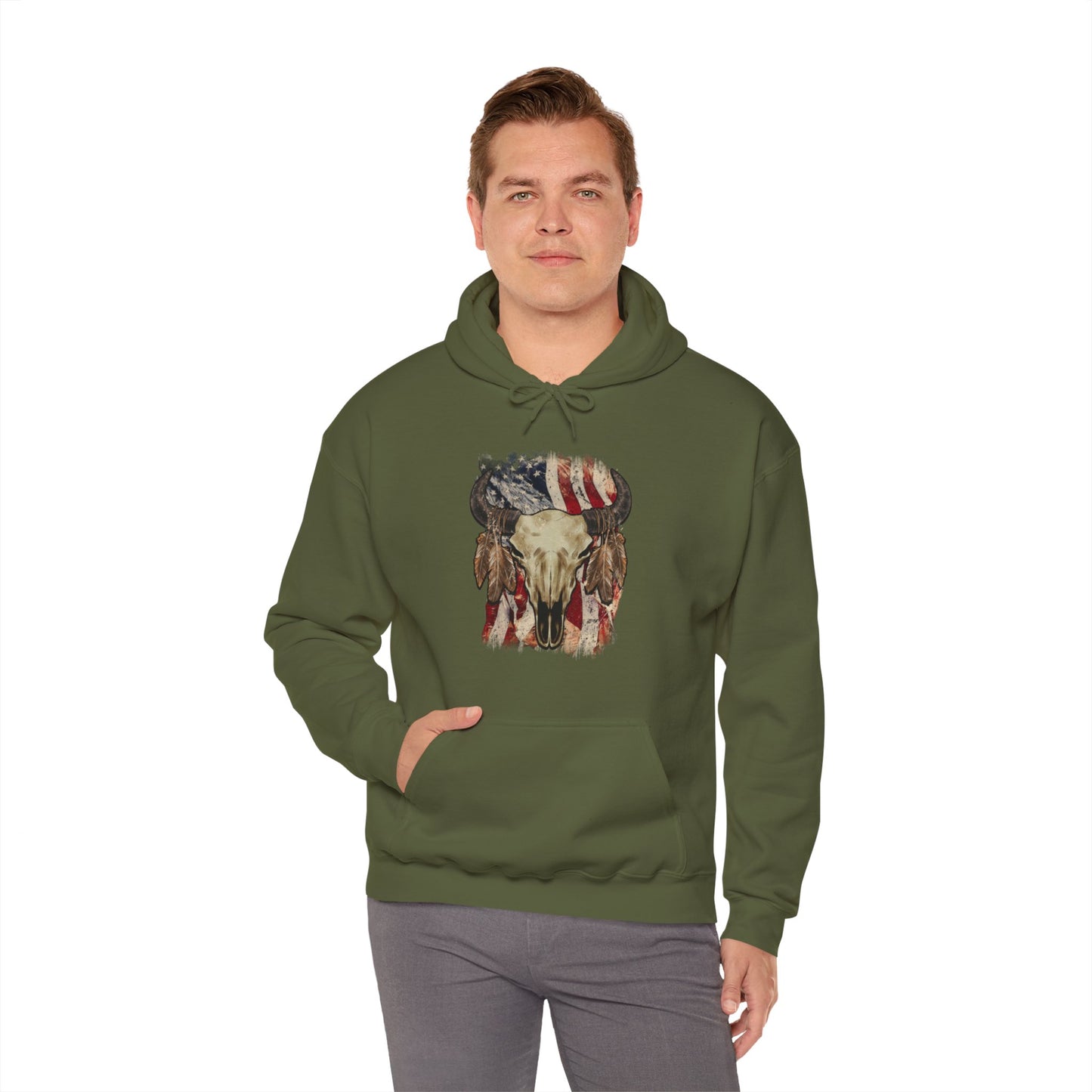 Bison Head American Flag Hooded Sweatshirt