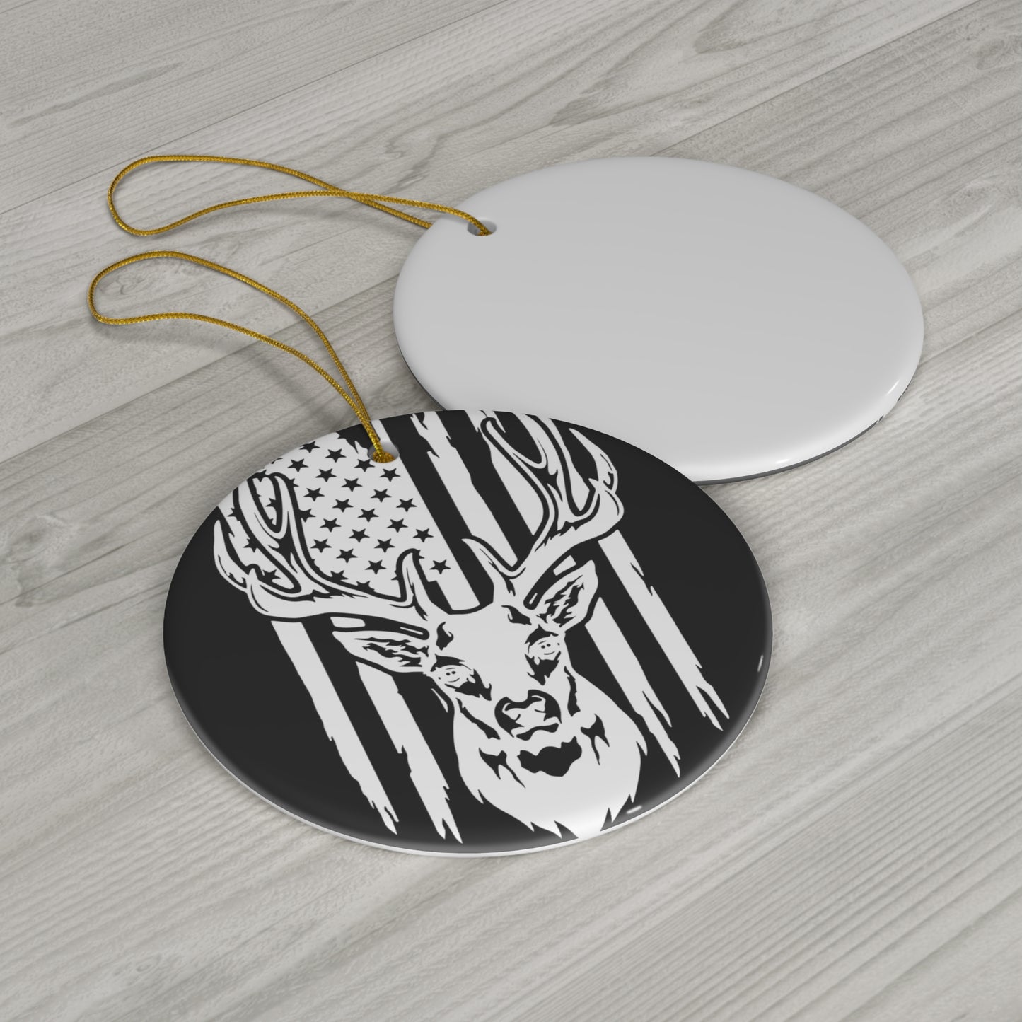 Deer Head American Flag Ceramic Christmas Ornament