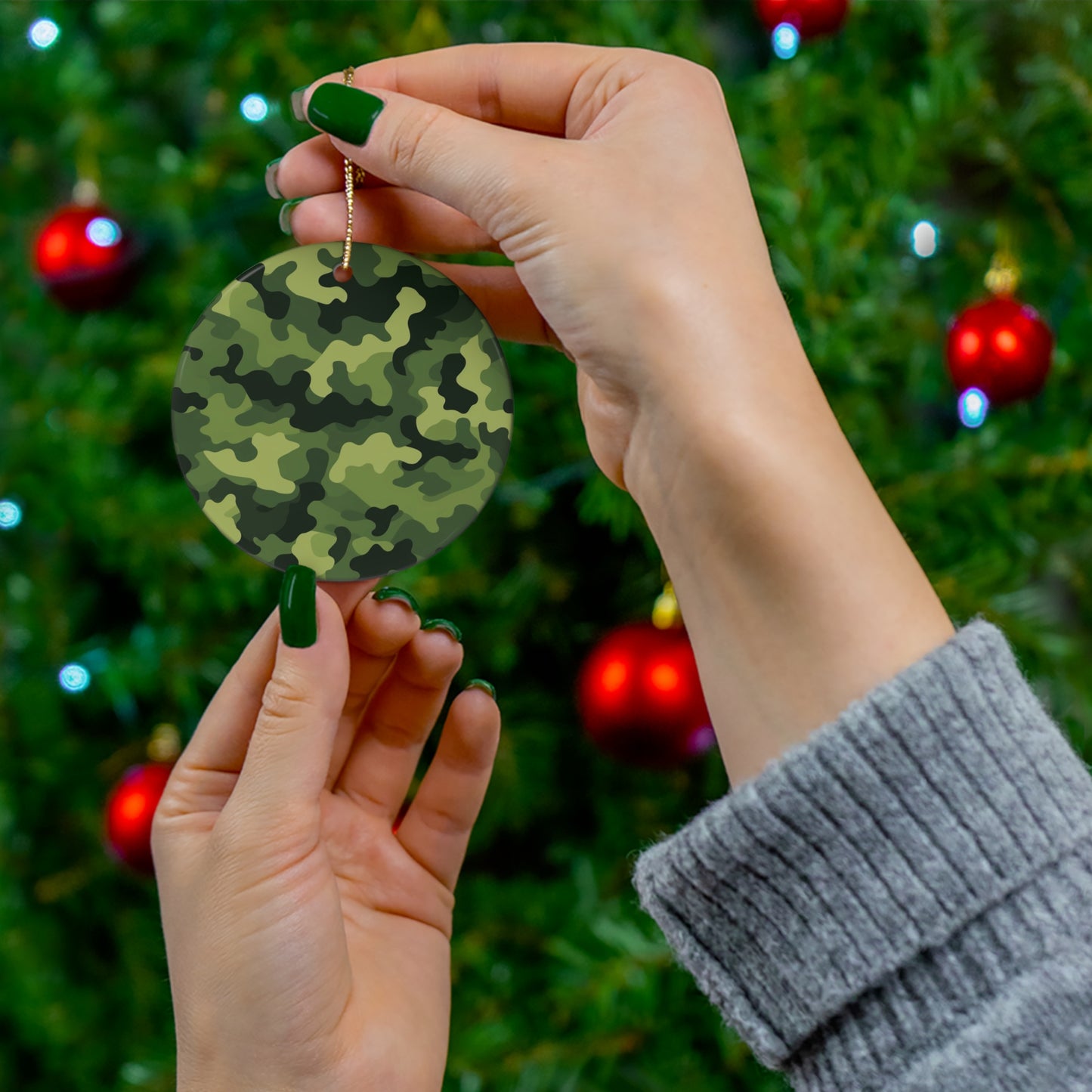 Light Green Camo Ceramic Christmas Ornament