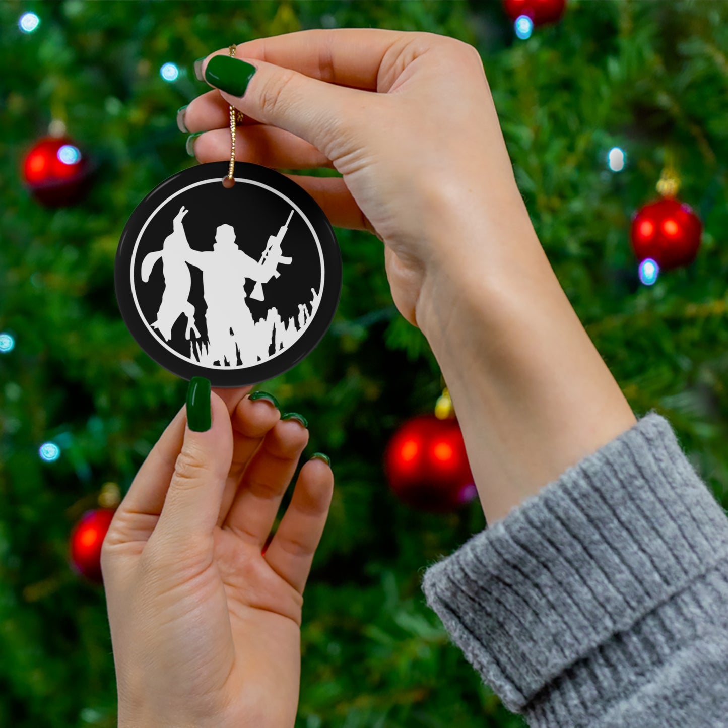 Coyote Hunter Holding Coyote Ceramic Christmas Ornament