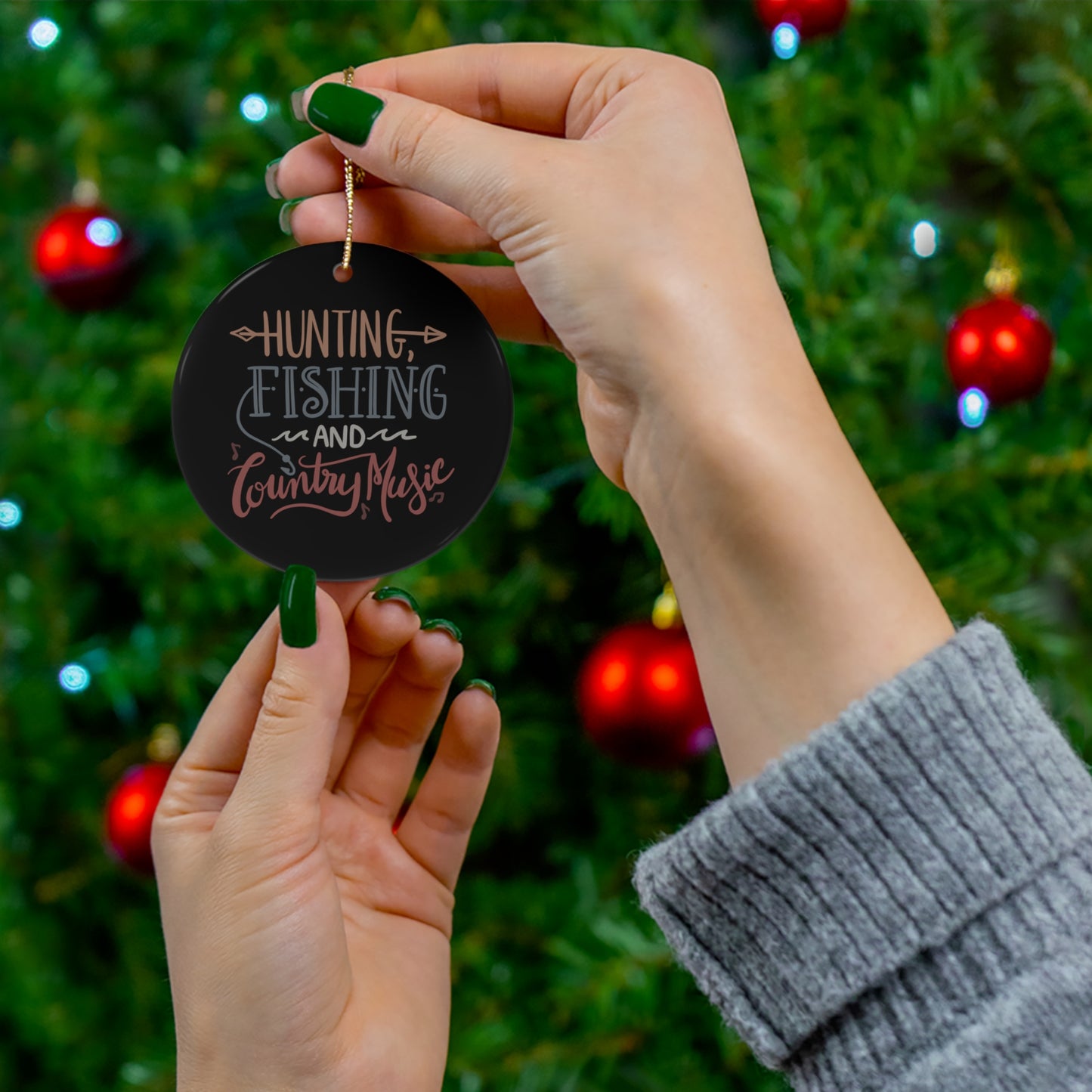 Hunting Fishing and Country Music Ceramic Christmas Ornament