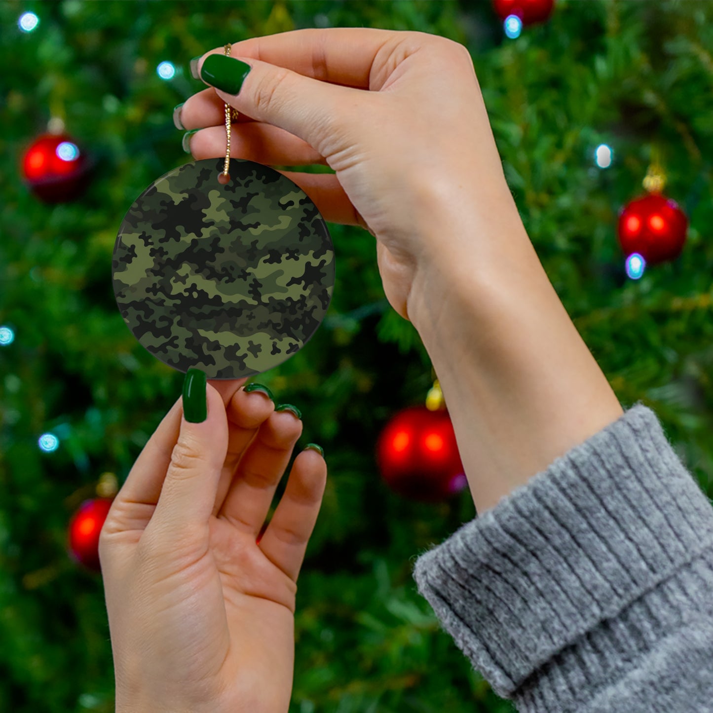 Green Camo Ceramic Christmas Ornament