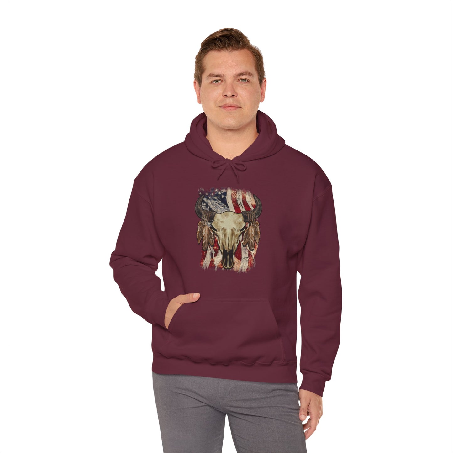 Bison Head American Flag Hooded Sweatshirt