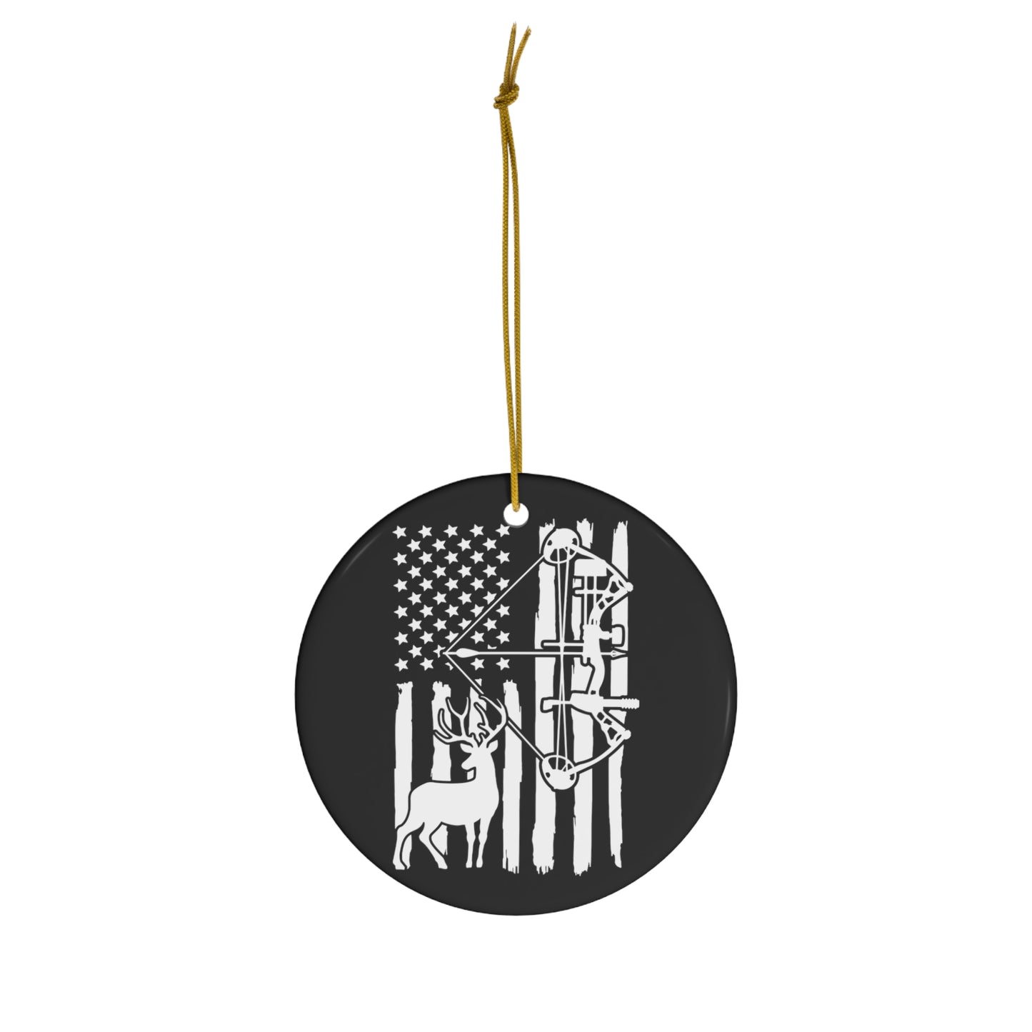 Bow Deer Hunter American Flag Ceramic Christmas Ornament